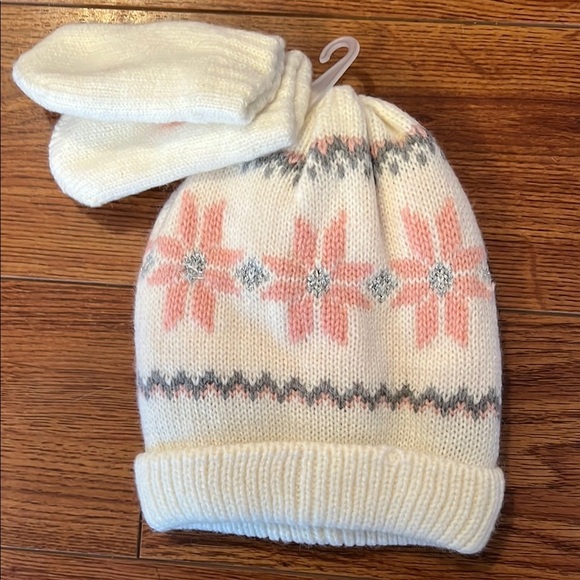 New! Cozy Kids' Winter Hat and Mittens Set - Pink and White - Picture 1 of 4